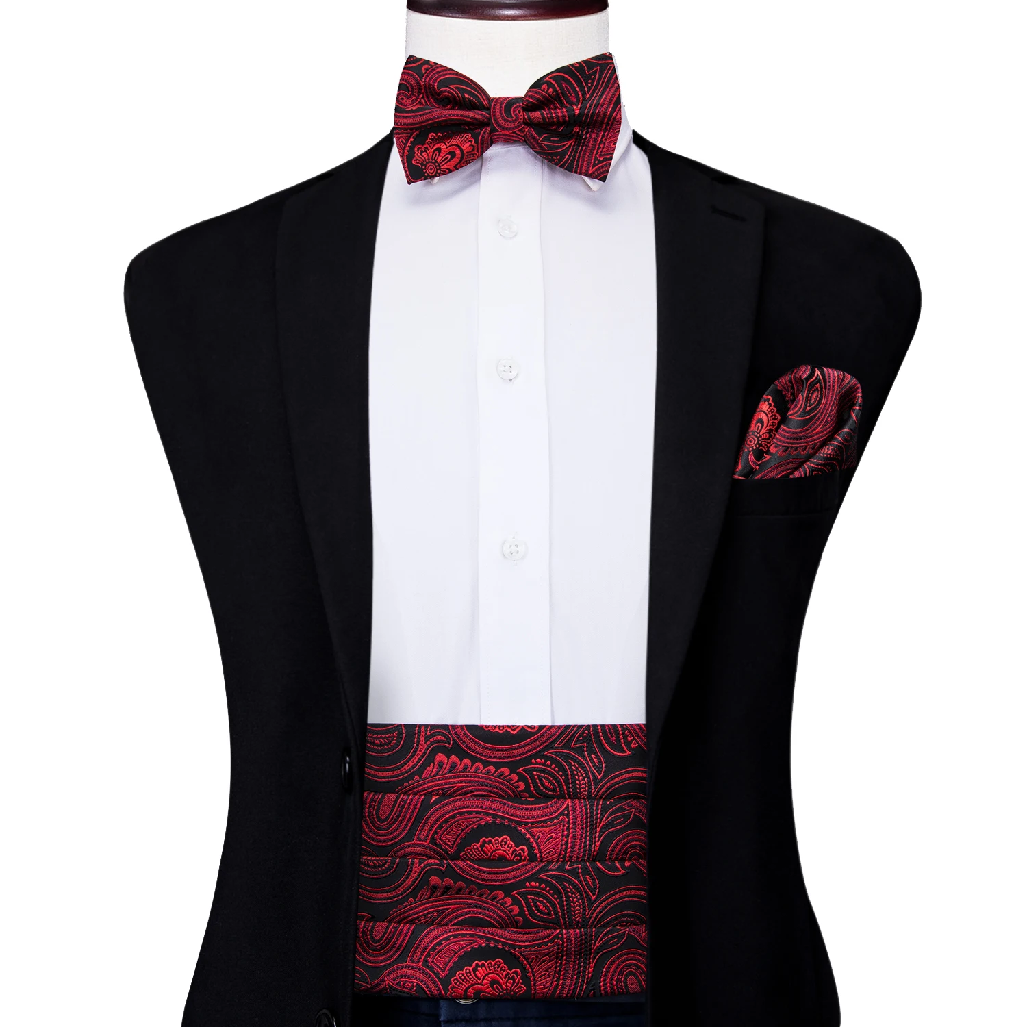 YF2006HiTieLuxuryDesignerPaisleyRedCummerbundBowtieSet