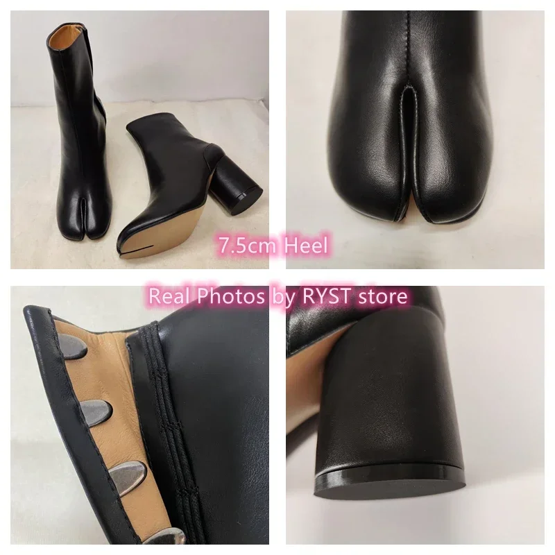 Women Split Toe Ninja Tabi Leather Ankle Boots Round Heels 3.5cm/7.5cm Heel Brand Design Lady Shoes Woman Boot