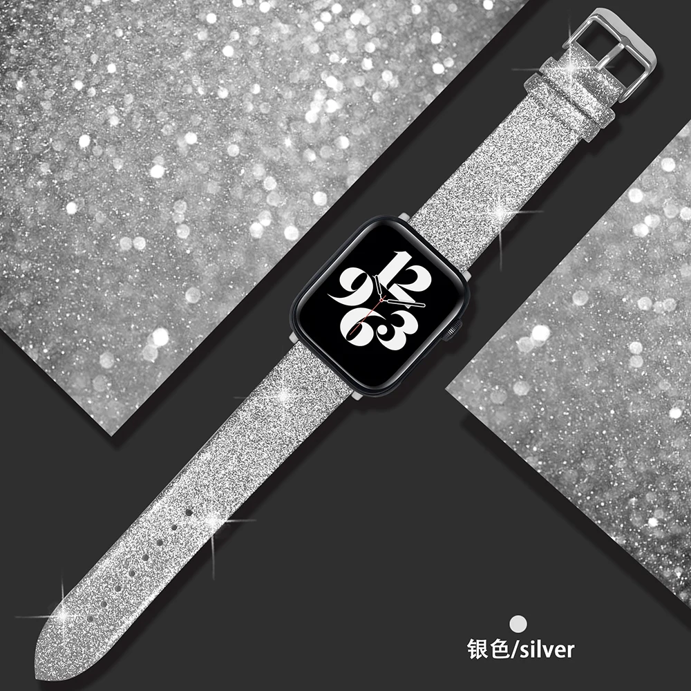 

Блестящий ремешок для Apple Watch Band 44 мм 40 мм Ultra 49 мм 41 мм 42/38/45 мм, кожаный браслет с блестящей петлей для iWatch Series 8 7 6 5 4 3 SE
