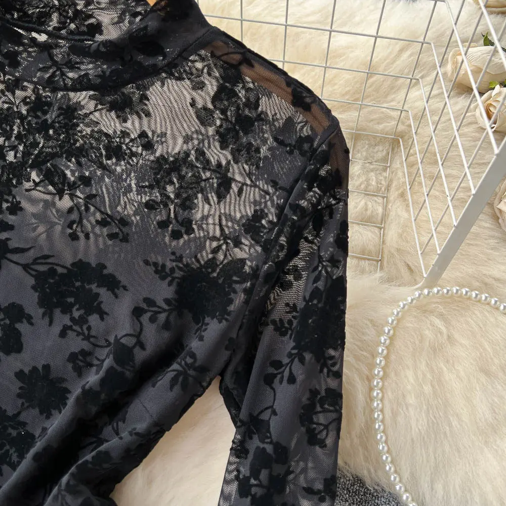 black lace bodysuit full length view
