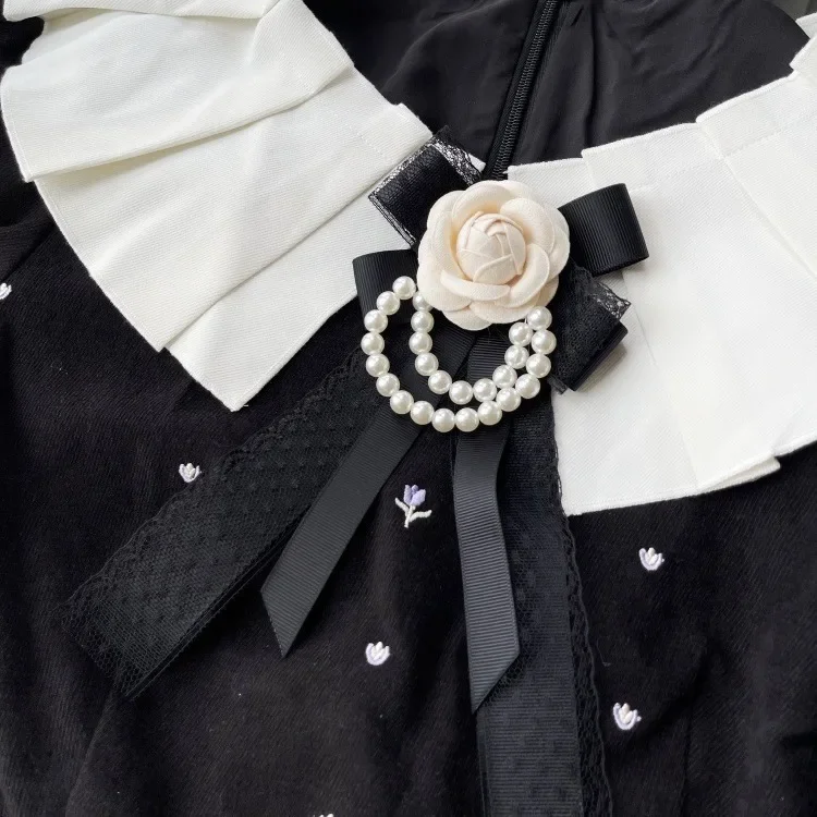 Bow Tie Women's Bow Tie Brooch White Camellia Pearl Chain Lace Ribbon Handmade Jewelry Korean College Style