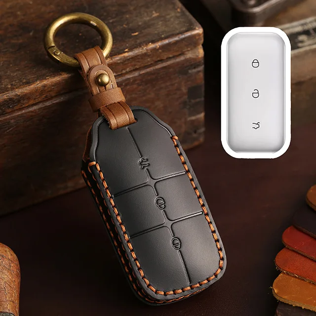 Geely Galaxy Premium Leather Handstitched Key Case with Metal Ring - Scratch Resistant Full Cover