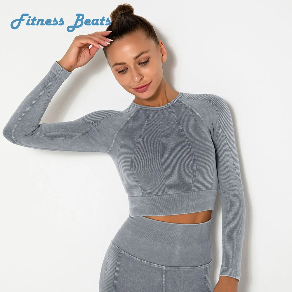 

New Sexy Seamless Washable Sports Casual Long Sleeved Yoga Top Skinny Tight Printed Gym Running Fitness Stretch T-shirts Woman