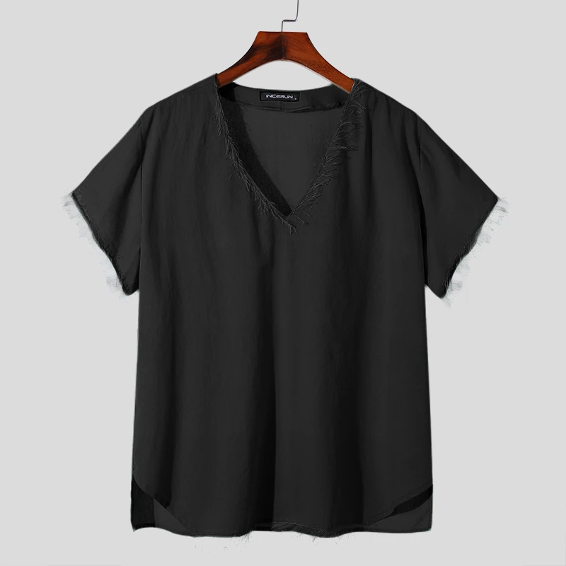 INCERUN Tops 2024 Camisetas de diseño sencillo con cuello en V estilo americano para hombre Camisetas casuales de verano Camisetas de manga corta sólidas S-5XL