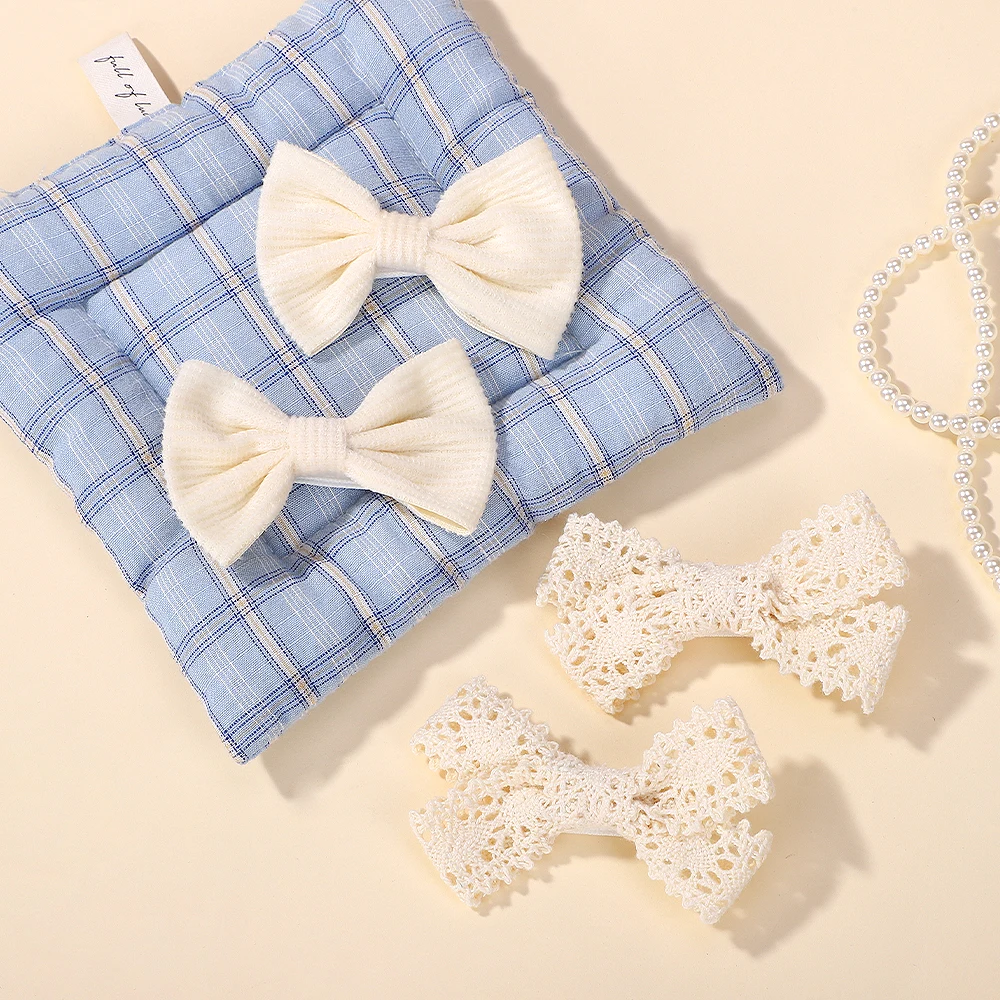 4-teiliges Set Einfarbige Spitzen-Haarspangen für Mädchen Handgefertigte Samt-Schleifen Baby-Haarklammern Kopfschmuck Haaraccessoires Großhandel – Detail 6