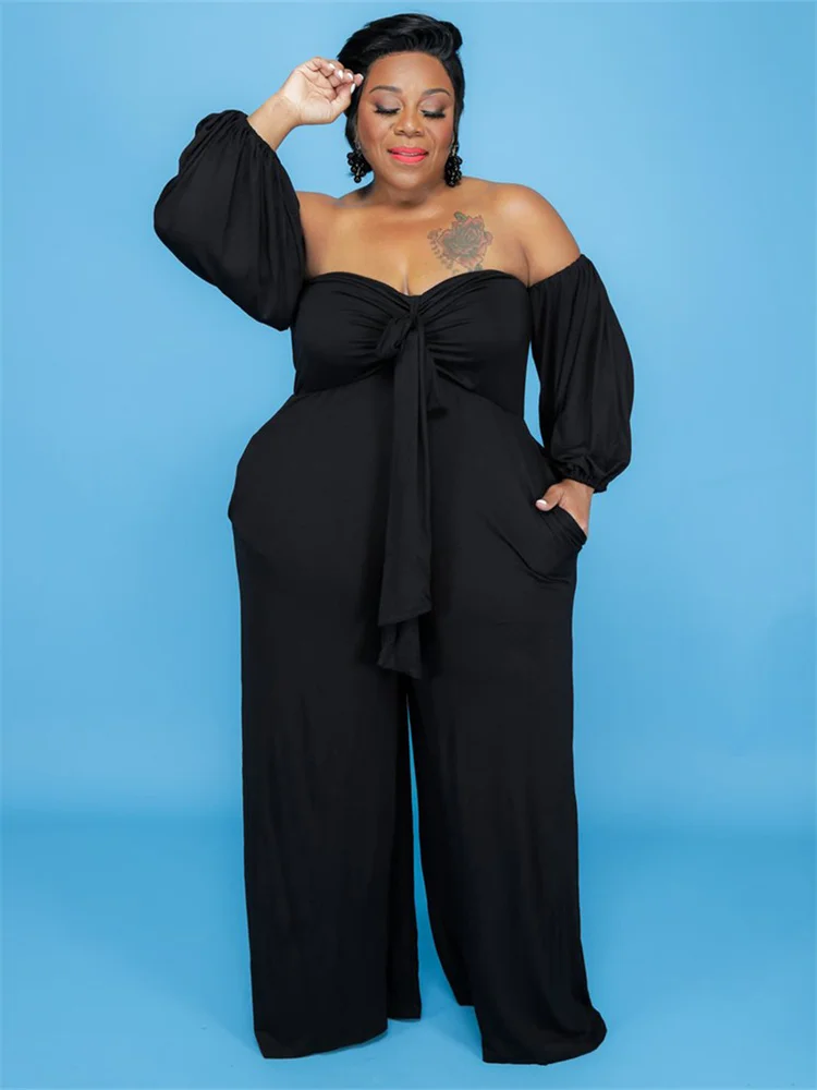 Wmstar Plus Size Jumpsuit Women Clothes Solid Off Shoulder Elastic Waist Wide Leg Romper One Piece Outfit Wholesale Dropshipping