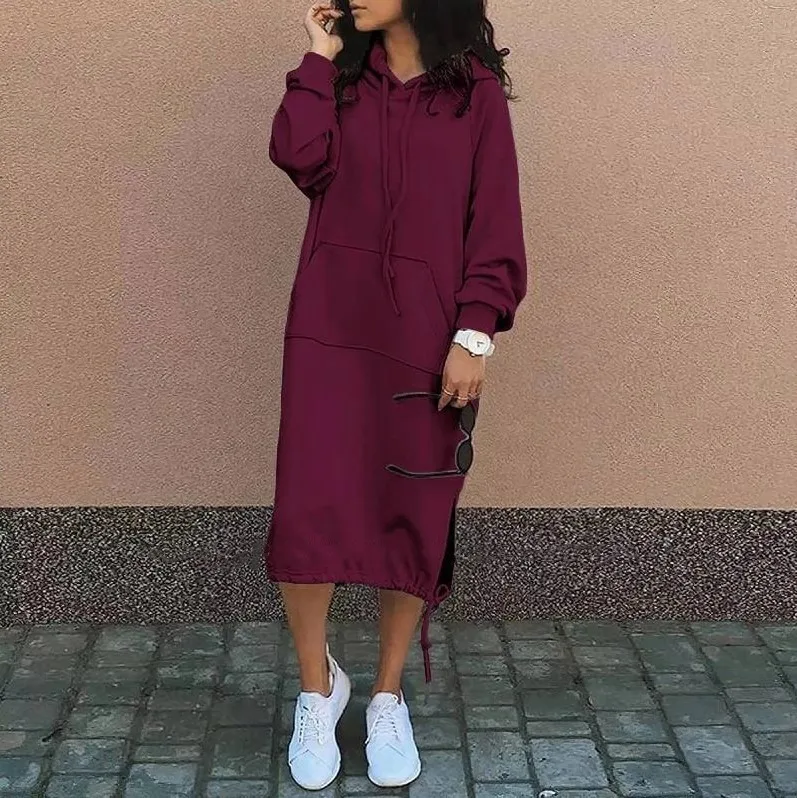 Pullover Hooded Hoodie Regular Thickness Elegant Commuter with Pocket Sweatshirt Loose Fit Wrinkle Treatment Long Hoodie