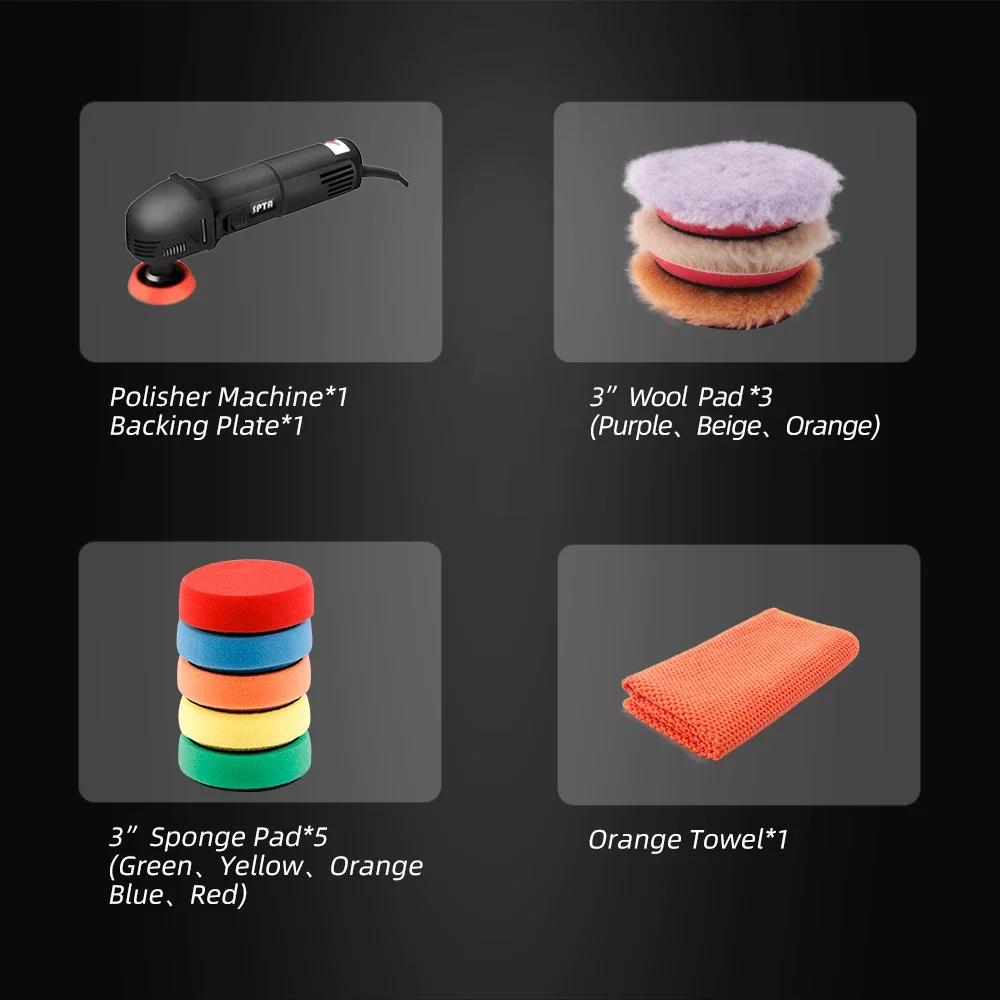 SPTA Mini Polishing Machine er Rotary Polisher M14 Thread with 5Pcs Spopng Pads & 3Pcs Wool Pads For Car Detailing Polishing