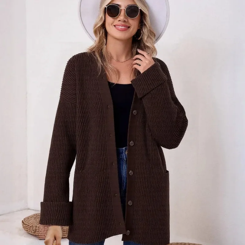 Women's New Fashion Cardigan Sweater Casual Solid Color V-neck Button Single-breasted Knitted Medium and Long Coat