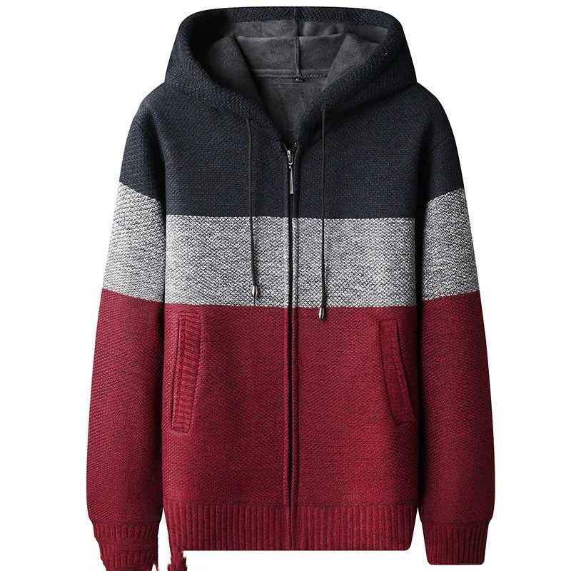 2023 Autumn Winter New Hooded Fashion Long Sleeve Sweater Man High Street Contrast Color Zipper Cardigan Thicken Warm Tops