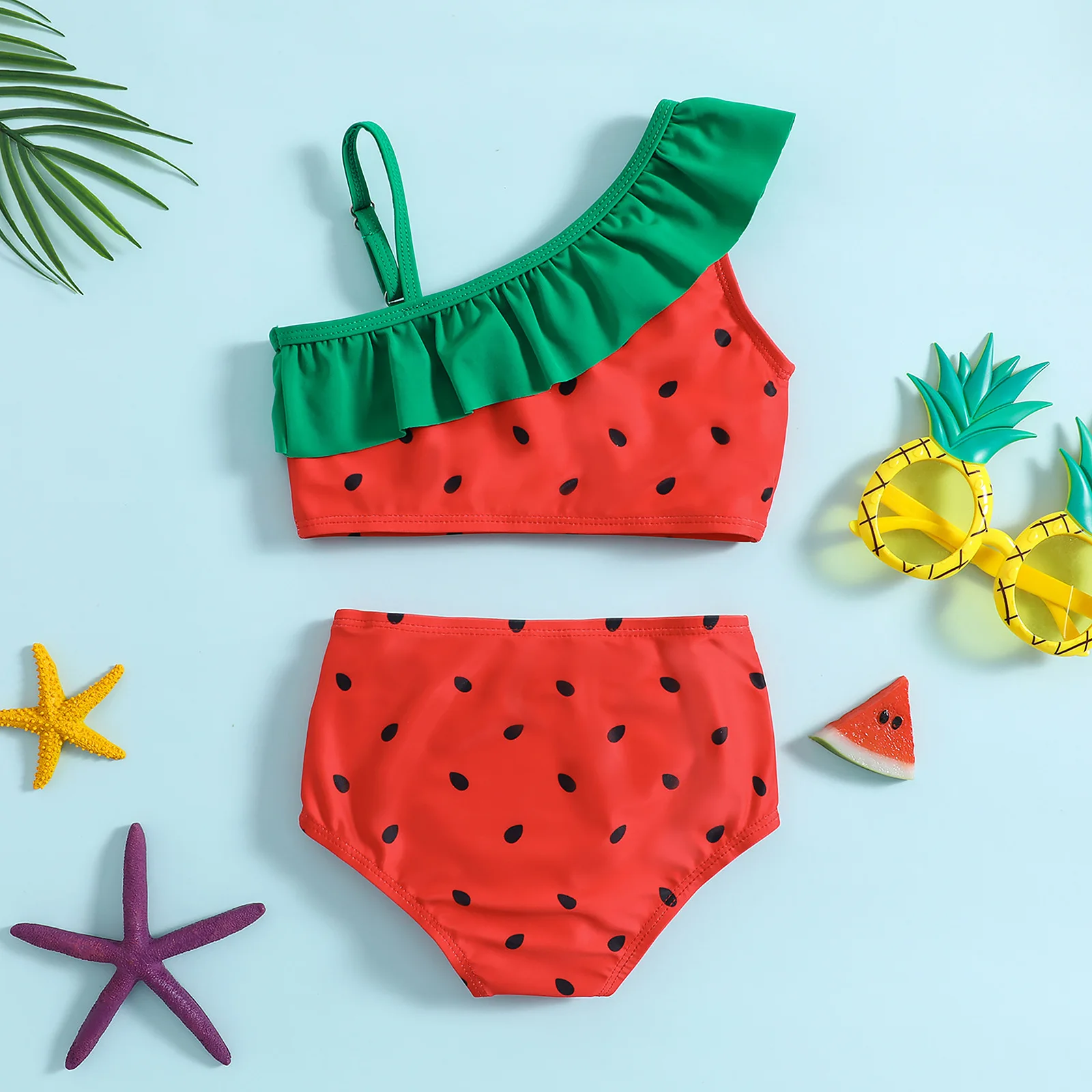 2024 Summer Girls Single Shoulder Sling Bikini Split Bathing Suit Set Kids Watermelon Pineapple Print Swimsuits Two-piece Suit