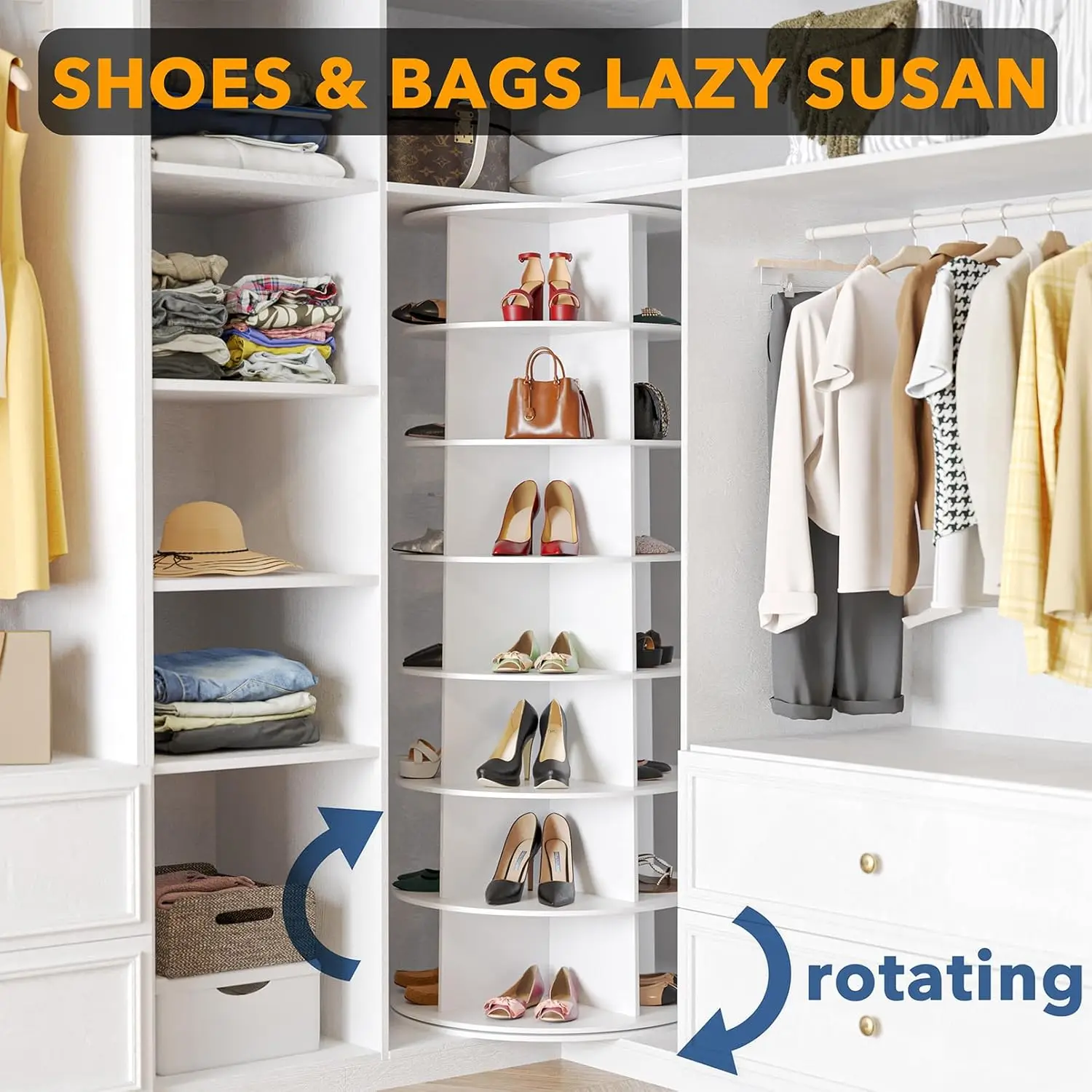 7 Tier Rotating Shoe Rack Tower Spinning Shoe Display Lazy Susan, Revolving 360 Rack Storage Round Carousel White