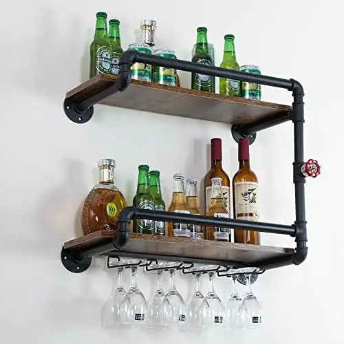 

Mounted 2 Tier, Hanging Floating Bar Liquor Shelves with Glass Holder Storage Under, Industrial Rustic Pipe Farmhouse Kitchen De