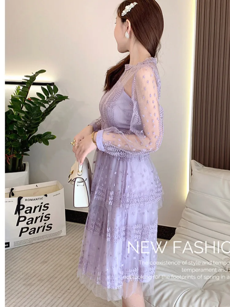SMTHMA New Spring Purple Lace Patchwork Mesh Embroidery