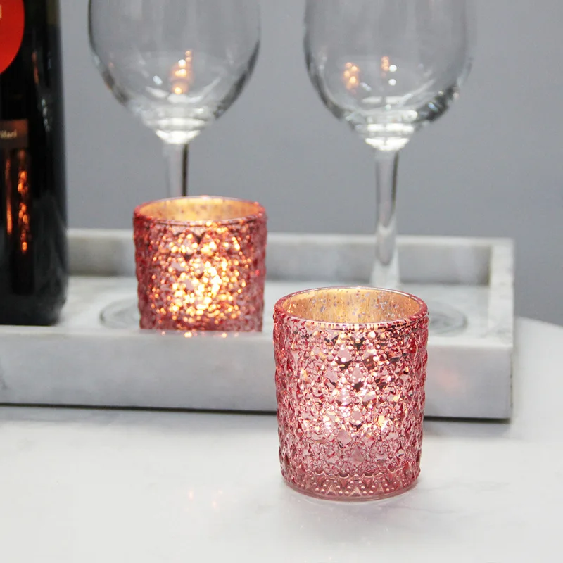 

Embossed Glass Candle Container European Candlestick Holder Kids Pink Romantic Candle Stand Crystal Candelabros Home Decor Kerst