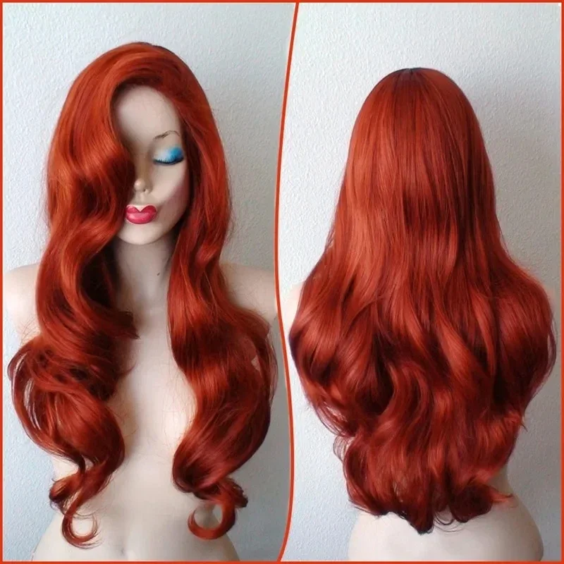 Parrucca Per Costume Cosplay Resistente Al Calore Con Sirenetta Principessa Ariel Coniglio Ondulato Lungo Rame Rosso