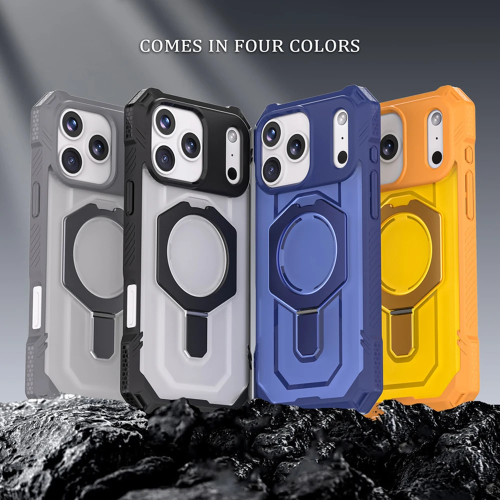 Rugged Magnetic Armor Fold Stand Phone Case with Wireless Charging and Corner Protection