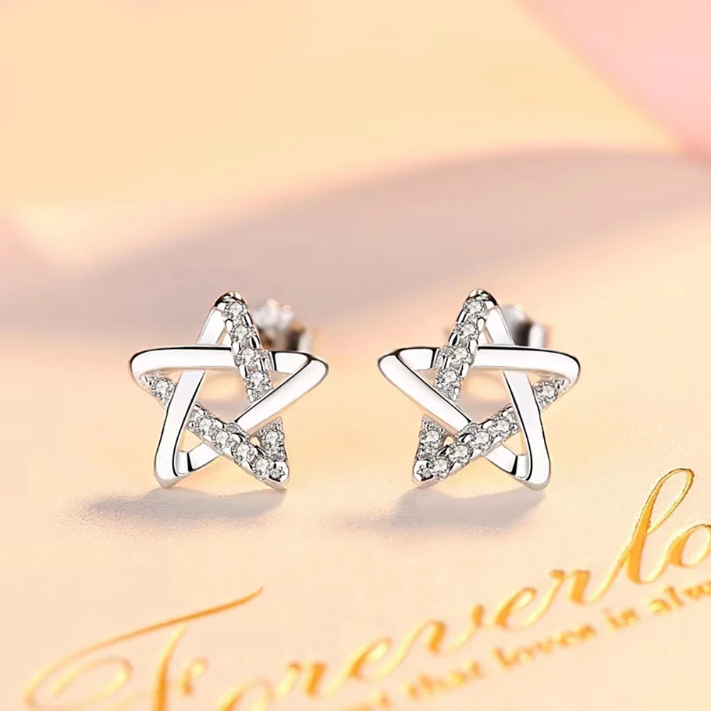 

100% 925 Sterling Silver Fashion Pentagram Personality Stud Earrings Women Full Diamond Stars Cute Simple Ladies Earring Jewelry