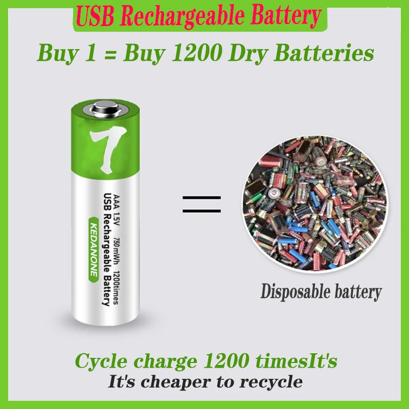 

New USB AAA Rechargeable Batteries 1.5V 750 mWh li-ion battery for remote control mouseElectric toy battery+ Type-C Cable