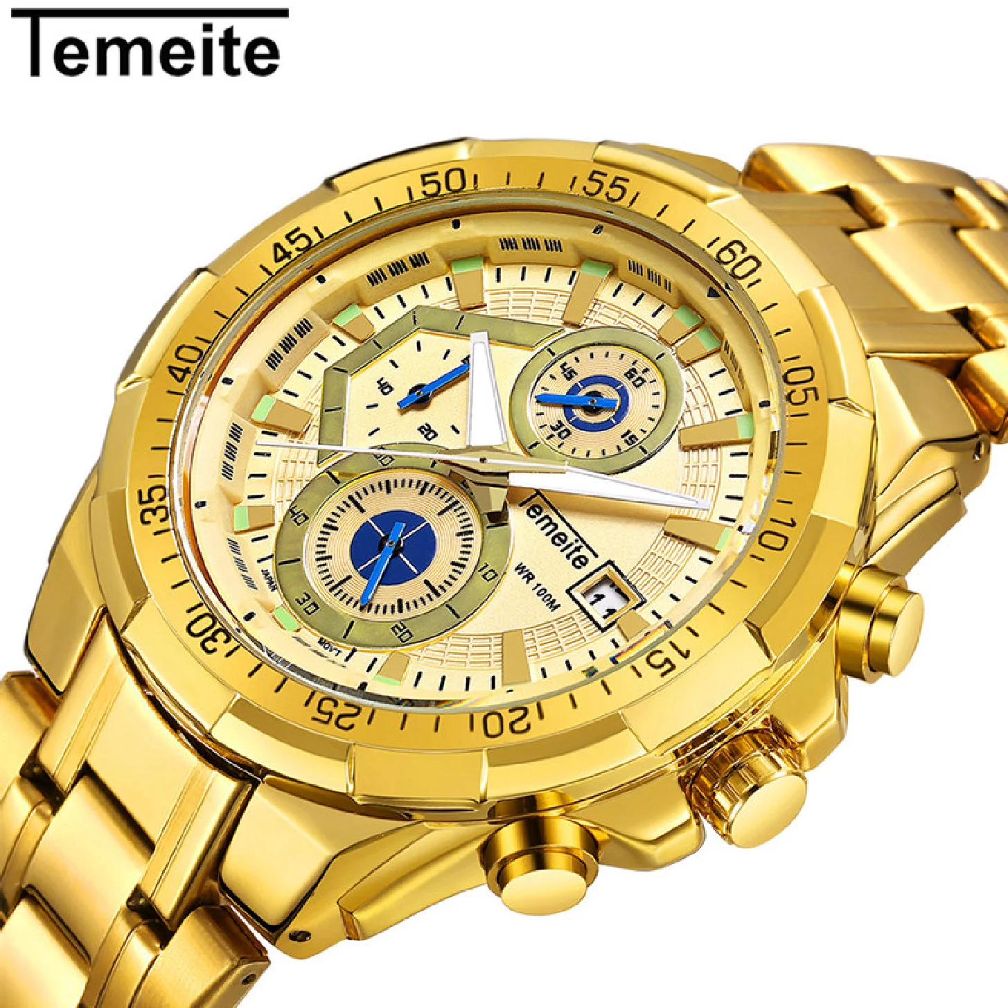 TEMEITE 2023 Men Quartz Watches Golden Stainless Steel Band Mens Causal