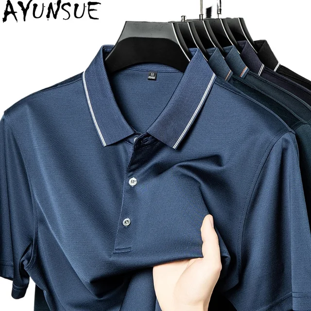 Polo Homme AYUNSUE de Luxe 100% Soie de Mûrier Véritable – Qualité Supérieure, Collection Été 2026, T-shirt Uni à Manches Courtes 1