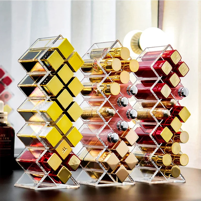 Acrylic Lipstick Holder Organizer 10/16 Slots Clear Lip Gloss Fish Shape Tower Case Display Stand Storage Box Makeup Cosmetic 2