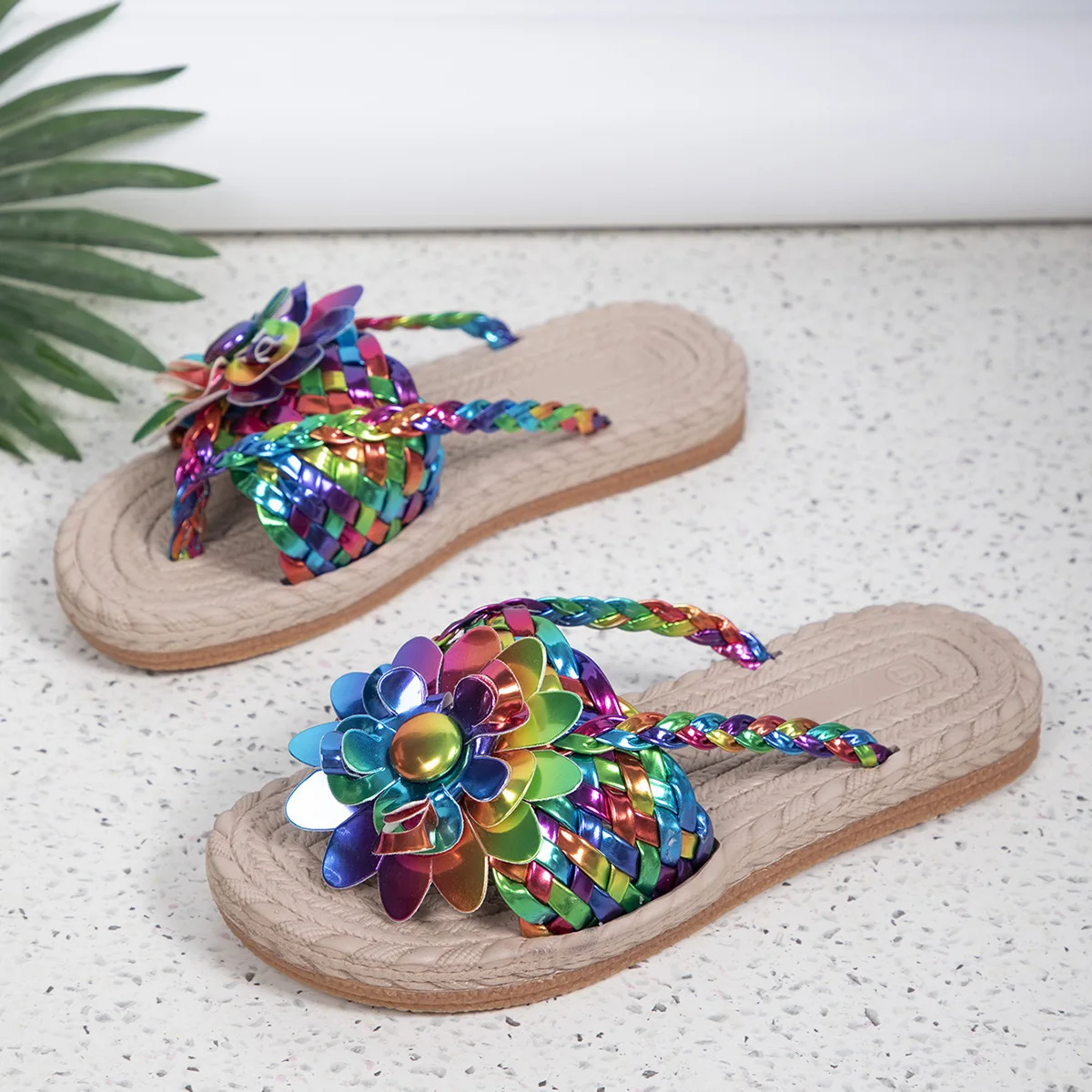 Women Fashion Casual Shoes Flat Vacation Holiday Slippers for Woman Braided Floral Pattern Open Toe Beach Flip Flops 2026