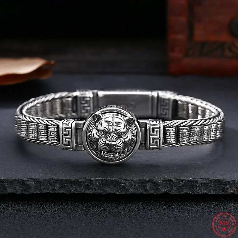 

Mencheese S925 Sterling Silver Bracelets for Men New Fashion Peace Totem Prayer Wheel Tiger Head 9mm Weaven-chain Jewelry