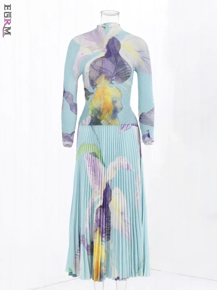 

EGRM модный плиссированный комплект из 2 предметов с принтом, женские топы с коротким высоким воротником и длинными рукавами, юбка трапециевидного силуэта со складками, весна 2024, новинка 7GR1693