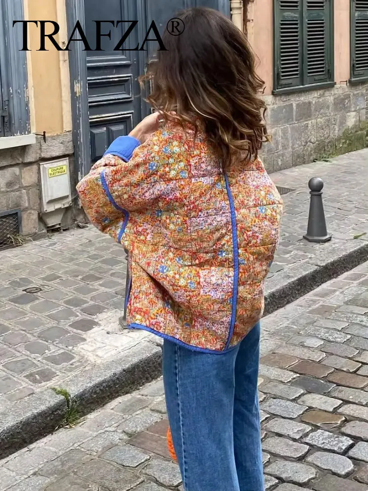 HH Women Casual Flower Print Stand Collar Jacket Pocket Long Sleeve Female Coat 2024 Autumn Vintage Lady Outwear