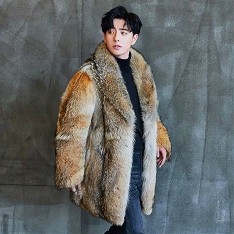 Winter Men's Long Wolf Fur Grass Coat Body Mink Overcoat Handsome Trend Loose Keep Warm Clothes Male Singer Stage Costumes