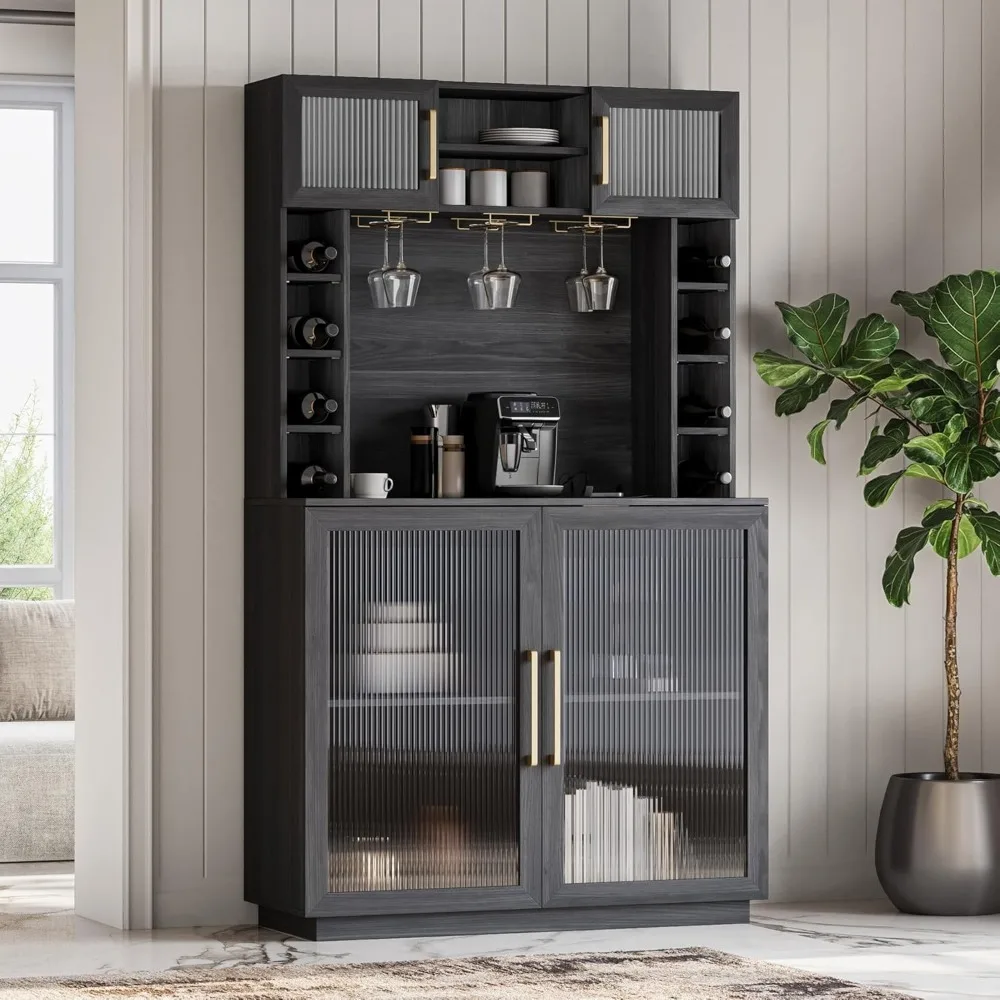 Coffee Wine Bar Cabinet with Power Outlet, 72" Rustic Liquor Cabinet, Tall Fluted Buffet Cabinet with Storage Kitchen Pantry