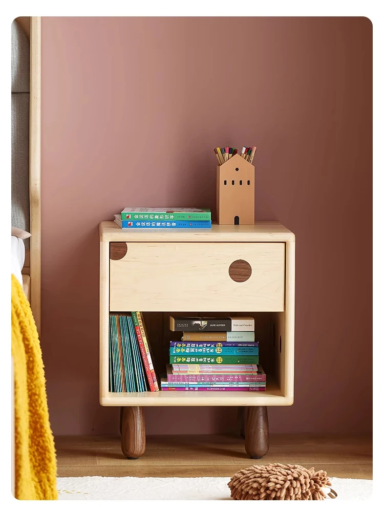 Nordic children's bedside table, all solid wood bedroom bedside table with pumping storage locker
