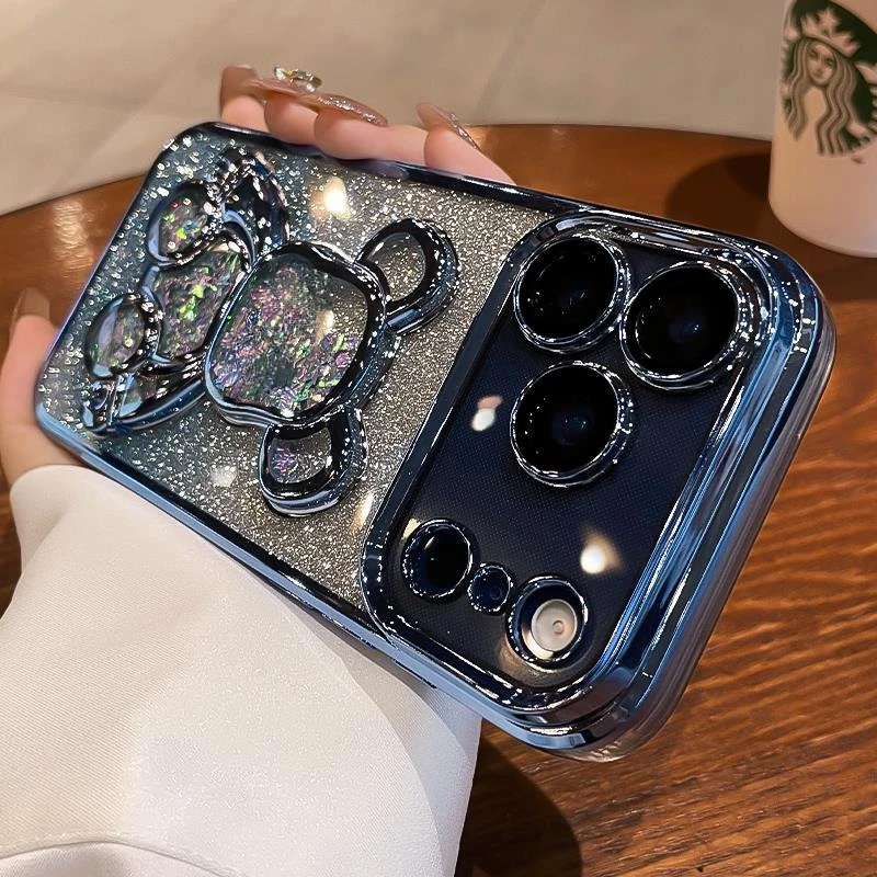 Luxury Quicksand Bear Glitter Case with Gradient Rhinestone Plating