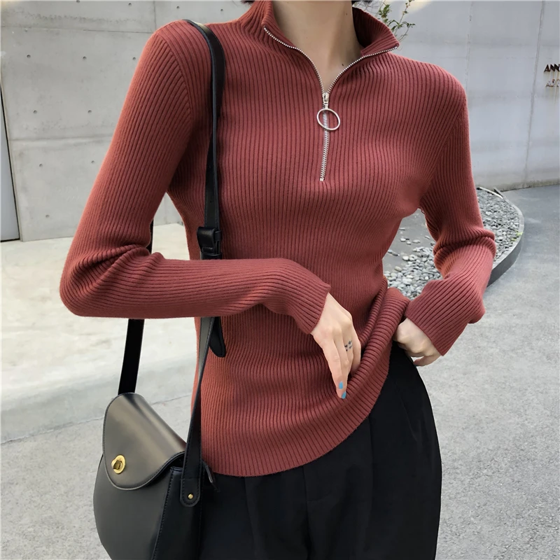 Lucyever Zipper Turtleneck Slim Fit Knit Sweater Women Spring Sexy V-neck Knitwear Woman Vintage Stylish Solid Jumper 2021 New long black cardigan