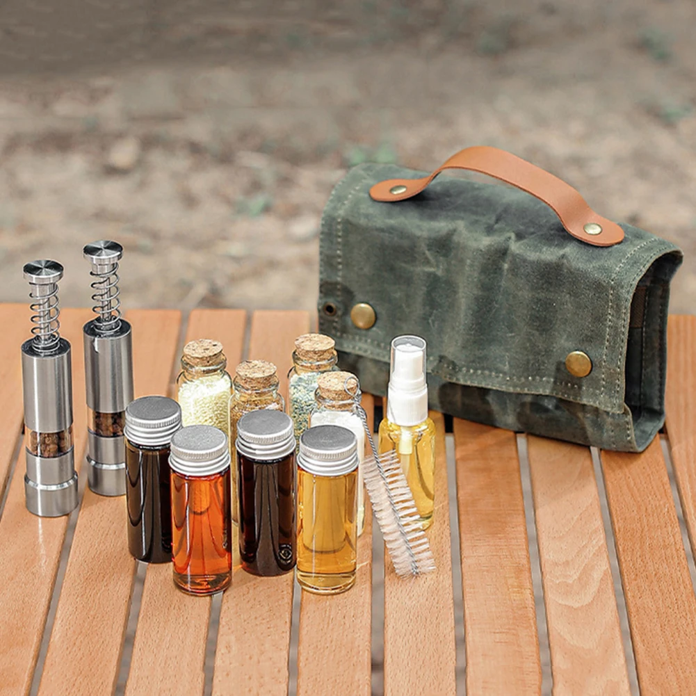12pcs Spices Bottle Kit with Grinder Portable BBQ Spice Bottle Condiment Jar Holder Storage Bag Travel BBQ Camping Supplies
