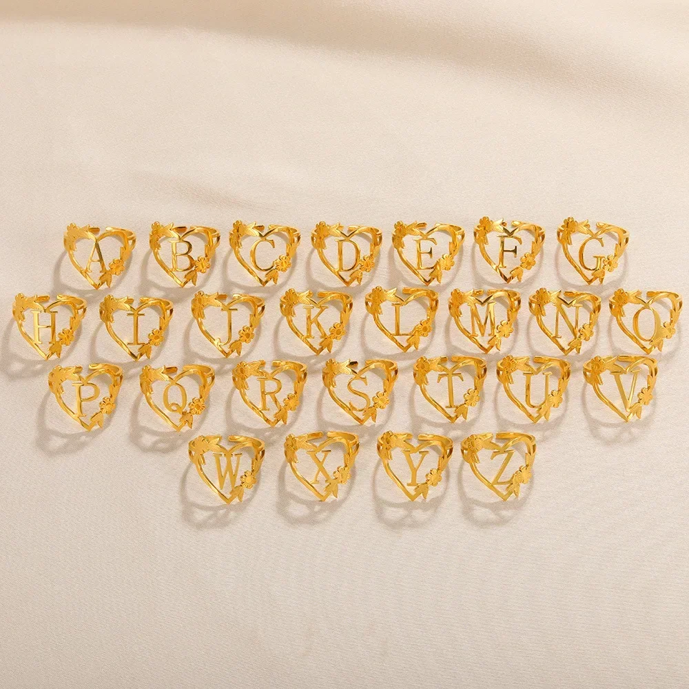 Rings Gold Color Stainless Steel Initials Flower Heart Rings Adjustable Delicate Letter Leaf Rings for Women Girl Alphabet Jewelry with finger ring,stainless steel ring,adjustable rings,gold color ring,gold color rings