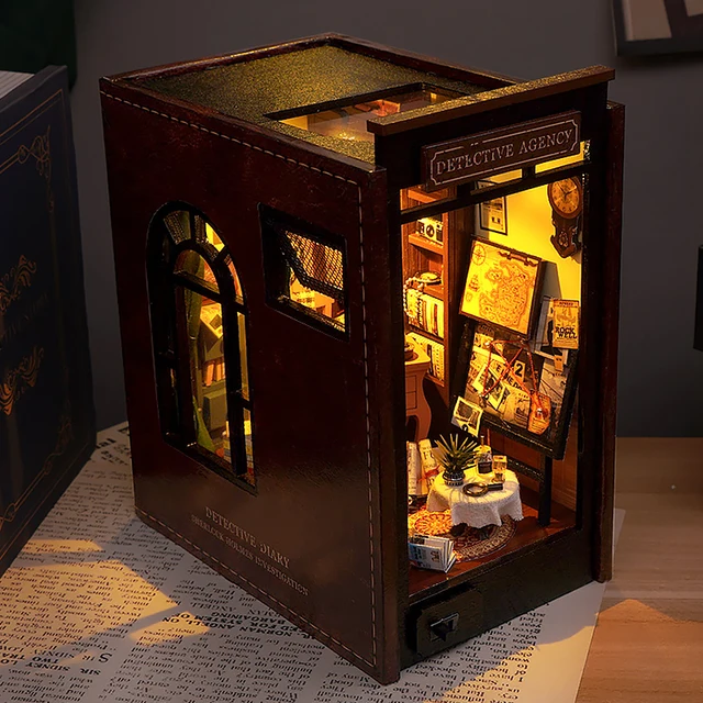 DIY Book Nook Kit Wooden Doll House 3D Puzzle Assembly Model Building Bookend Toy Home Bookshelf Insert Decor With LED Lights 4