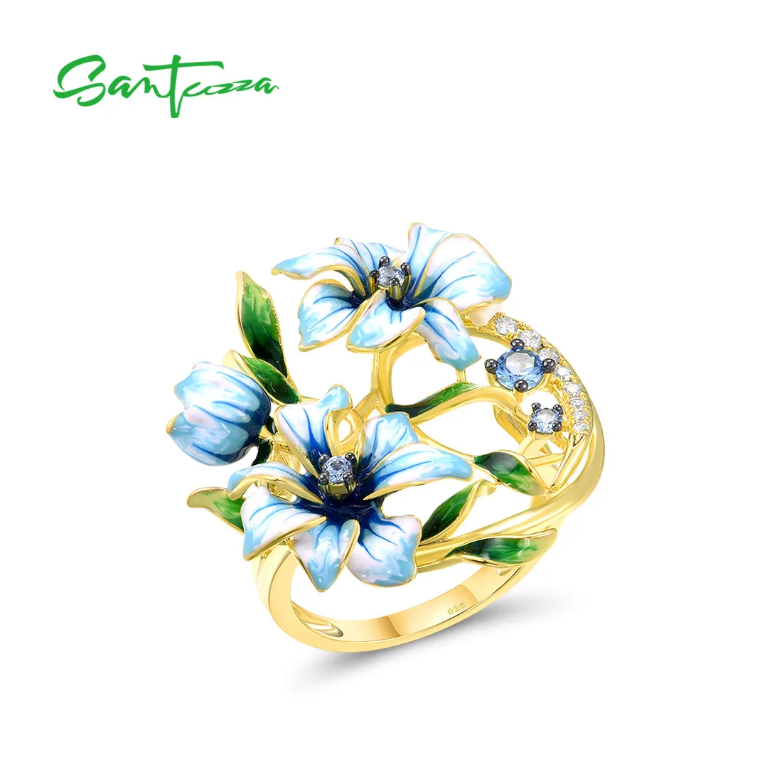 

SANTUZZA Genuine 925 Sterling Silver Rings For Women Blue Spinel White CZ Handmade Enamel Flower Ring Delicate Fine Jewelry