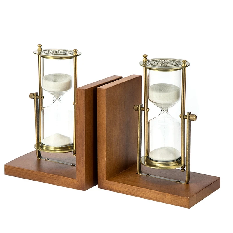 European Retro Solid Wood Metal Rotating Hourglass Timer 15 Minutes Creative Hourglass Bookend Ornaments
