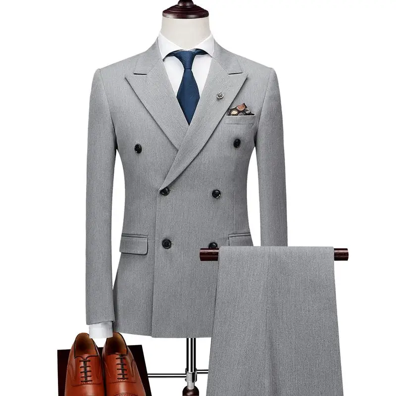 Double Breasted Male Suit Slim Fit Men's Formal Suits For Men Set Black Grey Costume Homme (Jacket+Pants)
