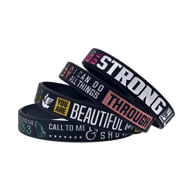 1PC/4PCS Christian Bible Verse Silicone Wristband 139:14 33:3 4:13 6:10 Inspirational Rubber Bracelet Black 6