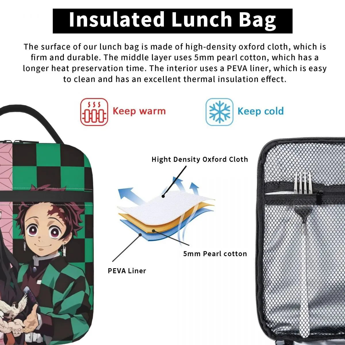 Demon Slayer Anime Nezuko Tanjiro Insulated Lunch Bags High Capacity Meal Container Thermal Bag Lunch Box Tote Office Outdoor 5