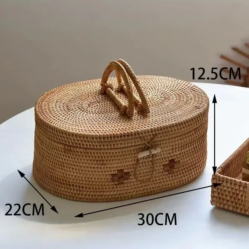 Handwoven Rattan Storage Box with Handle Wicker Ornament Box Tea Set Container Picnic Bread Fruit Cake Basket Kitchen Organizer - Image 6