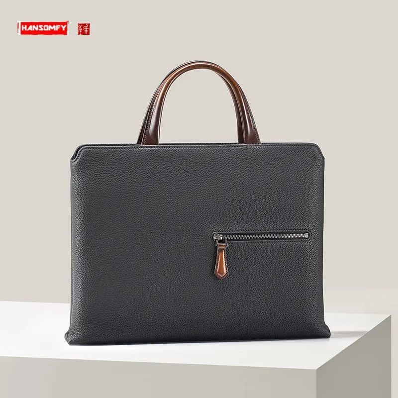 

Genuine Leather Men's Briefcase Business Casual Cross Section Men Handbags Laptop Bag Simple Ultra-thin Portable Bags