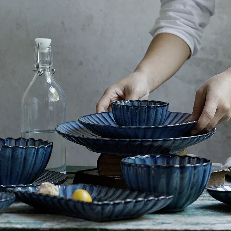 Ahdiha European Ceramic Tableware Set Blue Chrysanthemum Shape Rice Soup Bowl Dish Fruit Plate Creative Retro Kitchen Utensils