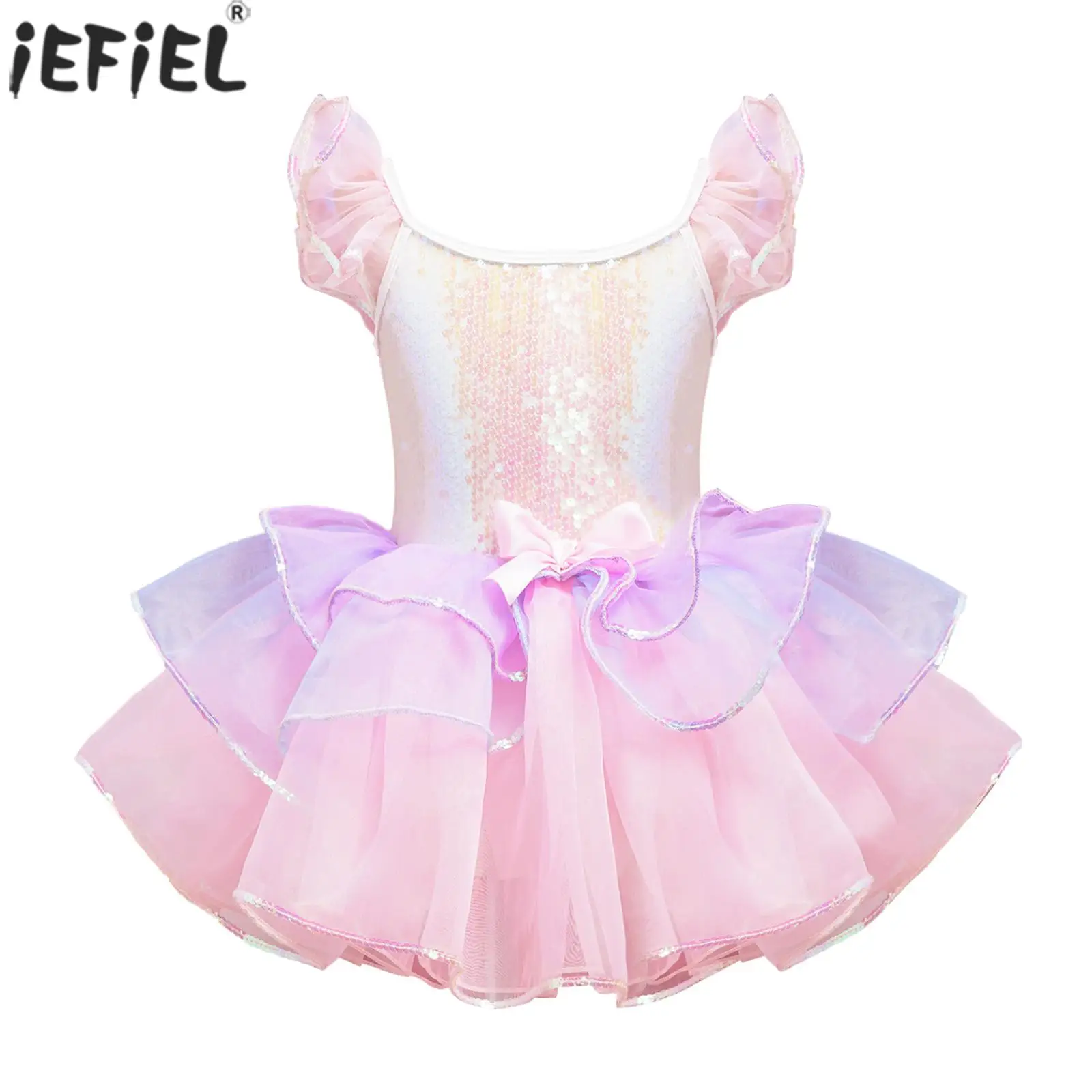 

Kids Girls Lyrical Ballet Tutu Leotard Dress Ruffled Sleeve Shiny Sequin Dance Ballerina Gymnastics Skating Performance Costume