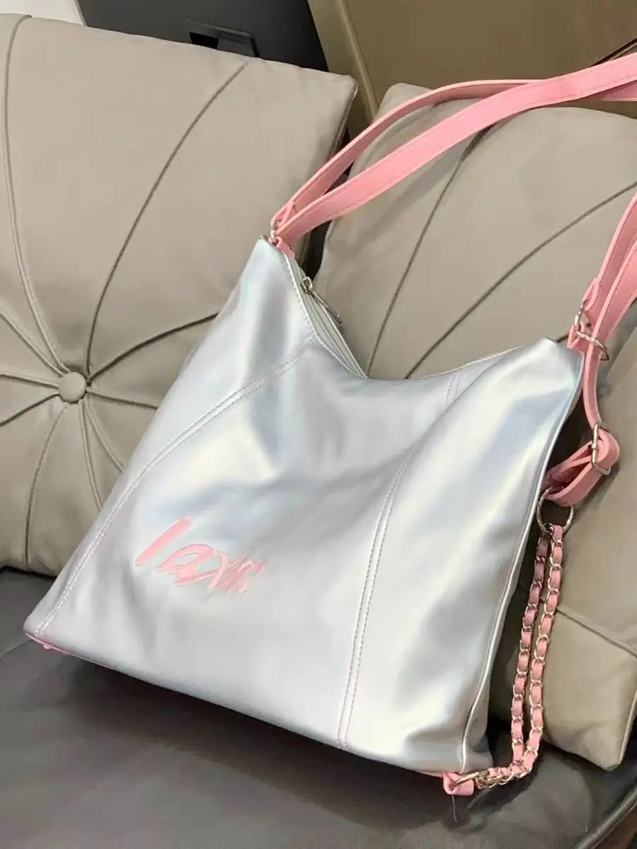 Texture Bright PU Leather Tote Bags Solid Color Backpack Silver/black Fashion Armpit Handbag Large-capacity Shoulder Bags Casual
