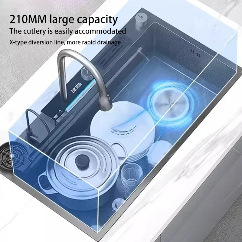 Stainless Steel Waterfall Kitchen Sink Embossed Extra Large Single Slot Multifunctional Dishwashing Sinks For Kitchen 2