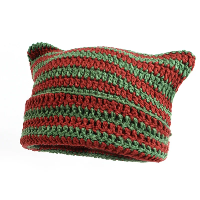 Cat Ears Knitted Hat Handmade Crochet Wool Striped Casual Warm Bonnet Winter Beanie